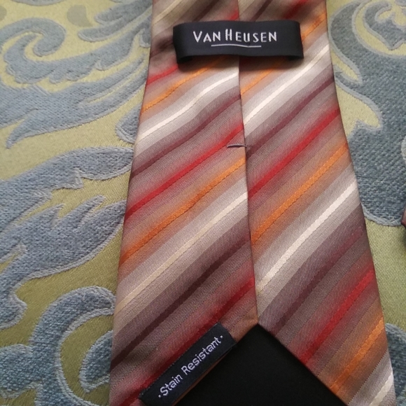Van Heusen Stripe Tie Fall Colors Green Brown Burgundy Silk 60" - Picture 3 of 3